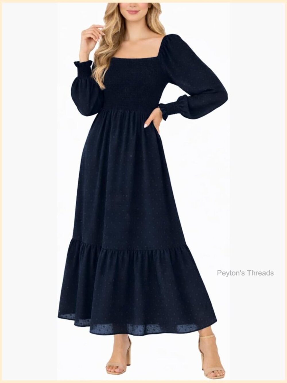 Square Neck Swiss Dot Maxi Dress Long Sleeve Tiered Flowy - Picture 1 of 7